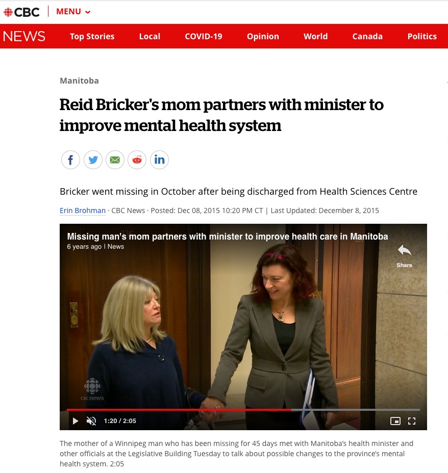 Image of Minister Blady with Bonnie Bricker from CBC news article announcing Minister's Advisory Group on Mental Health on Dec 06, 2015.