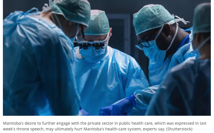 Image of surgeons operating from CBC news article on public private partnerships, Novemeber 20, 2022.