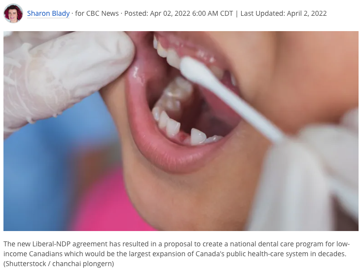 Image of child getting dental exam from CBC op-ed by Sharon Blady, April 02, 2022.