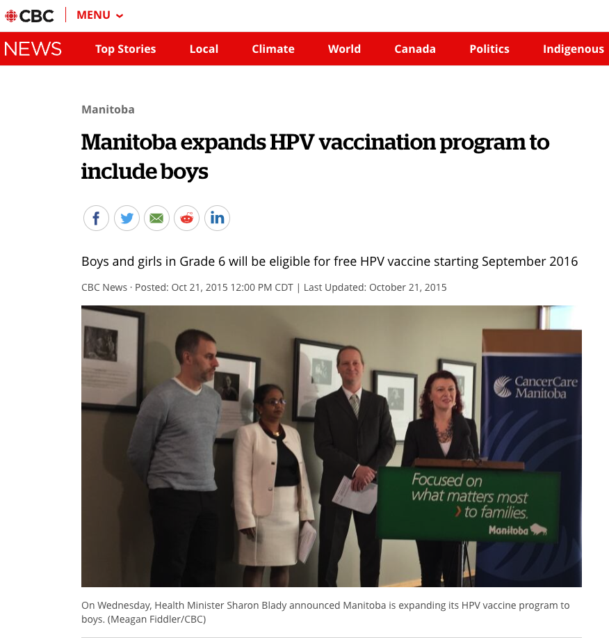 CBC news article image of Minister Blady and guests at the announcement of Manitoba expansion HPV vaccination program to include boys on Oct 21, 2015.