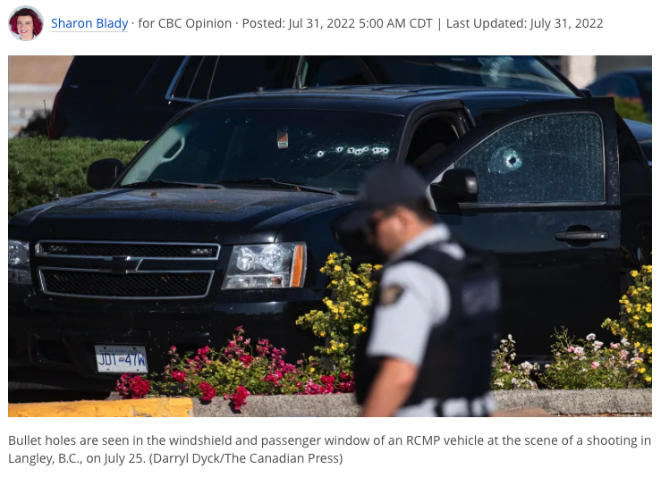 Image of police officer in front of SUV in Langley, BC from CBC Op Ed by Sharon Blady, July 31, 2022.