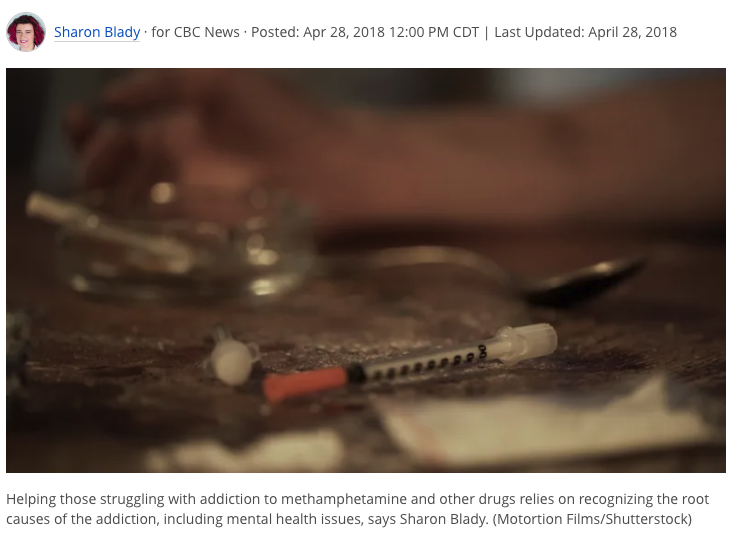 Image of needle and drug paraphernalia from CBC op-ed by Sharon Blady, April 28, 2018. 